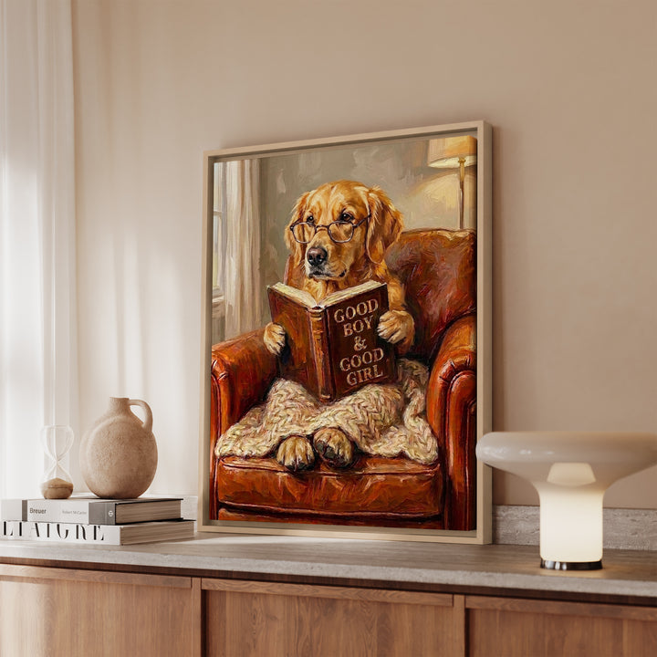 Golden Retriever Evening Read Framed Canvas