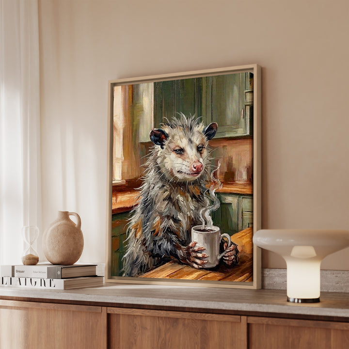 "Coffee & Silence" - Opossum Vertical Framed Canvas - Spirit Animal Wall Art