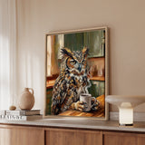 "Coffee & Silence" - Owl Vertical Framed Canvas - Spirit Animal Wall Art