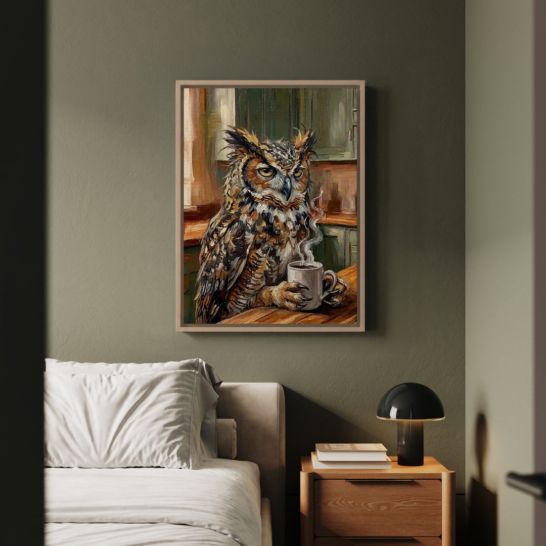 "Coffee & Silence" - Owl Vertical Framed Canvas - Spirit Animal Wall Art
