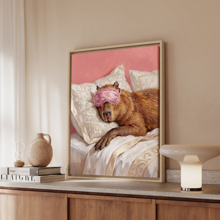 "Beauty Sleep" - Capybara Vertical Framed Canvas - Spirit Animal Wall Art