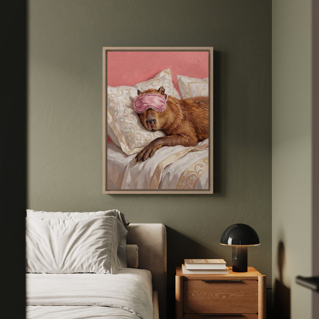 "Beauty Sleep" - Capybara Vertical Framed Canvas - Spirit Animal Wall Art