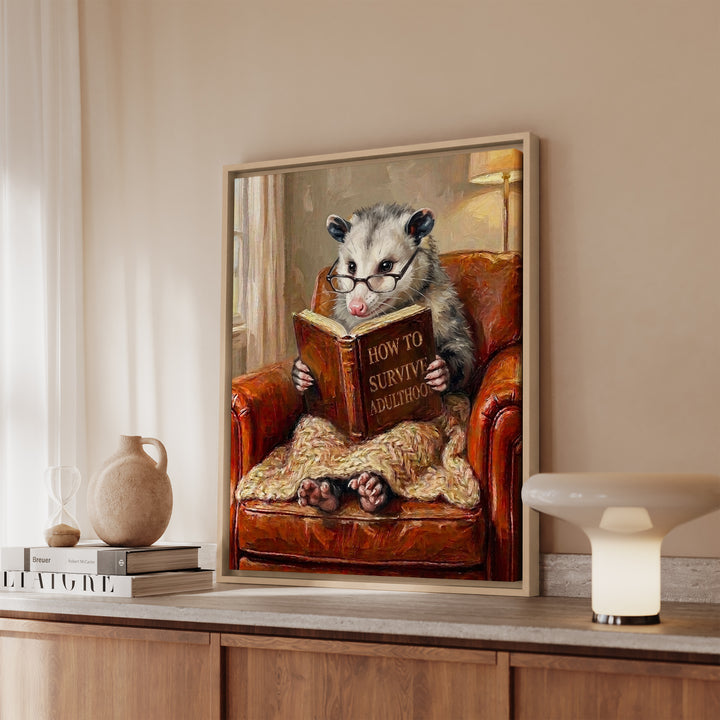 "Survive Adulthood" - Opossum Vertical Framed Canvas - Spirit Animal Wall Art
