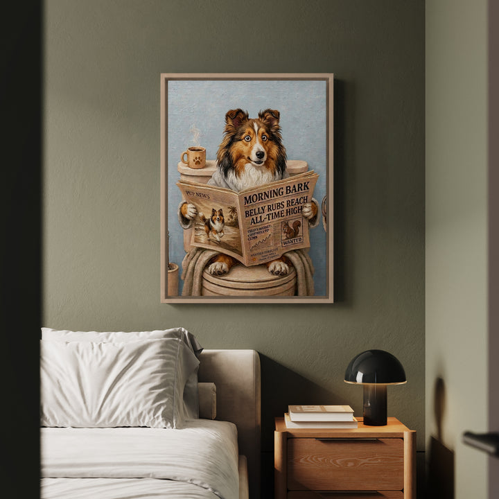 Shetland Sheepdog on the Toilet Funny Bathroom Art, Newspaper Reading Dog Print, Canvas or Framed Wall Art