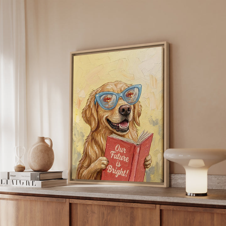 "Our Future is Bright" - Golden Retriever Vertical Framed Canvas - Animal Book Humor Wall Art