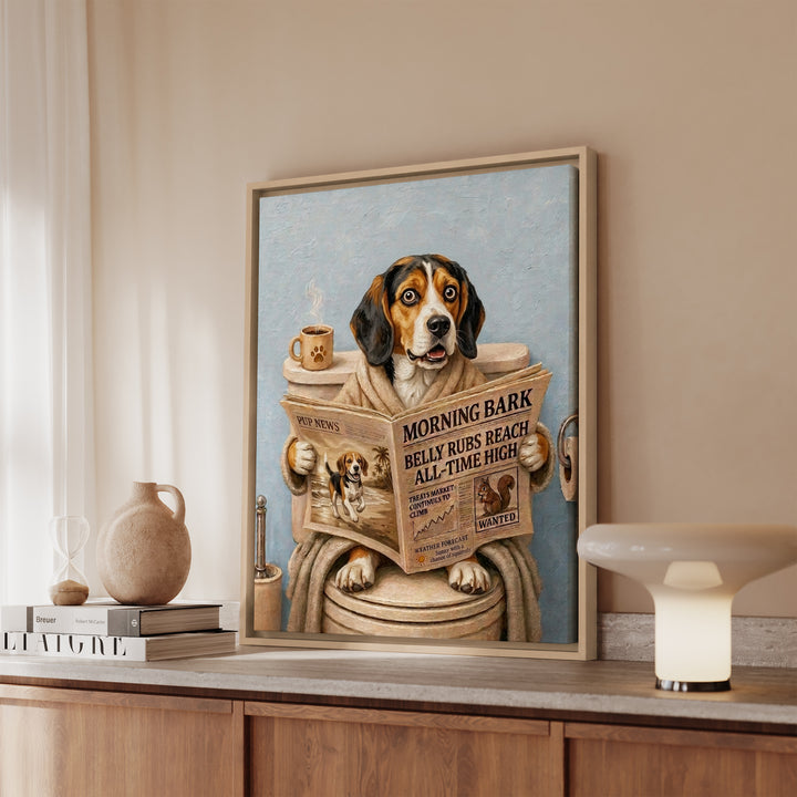 "Morning Business" - Beagle Vertical Framed Canvas - Dog Lover Wall Art