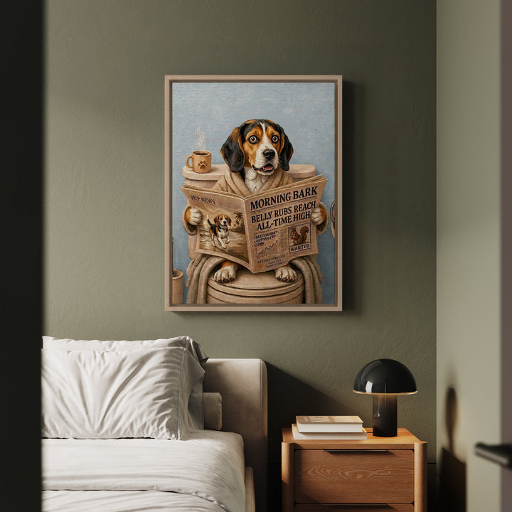 "Morning Business" - Beagle Vertical Framed Canvas - Dog Lover Wall Art