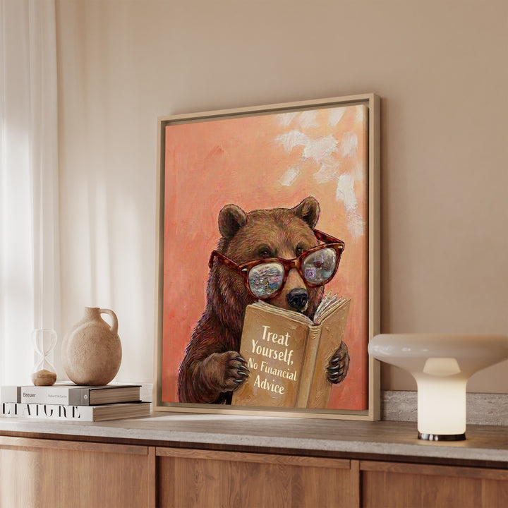 "Treat Yourself" - Bear Vertical Framed Canvas - Animal Book Humor Wall Art