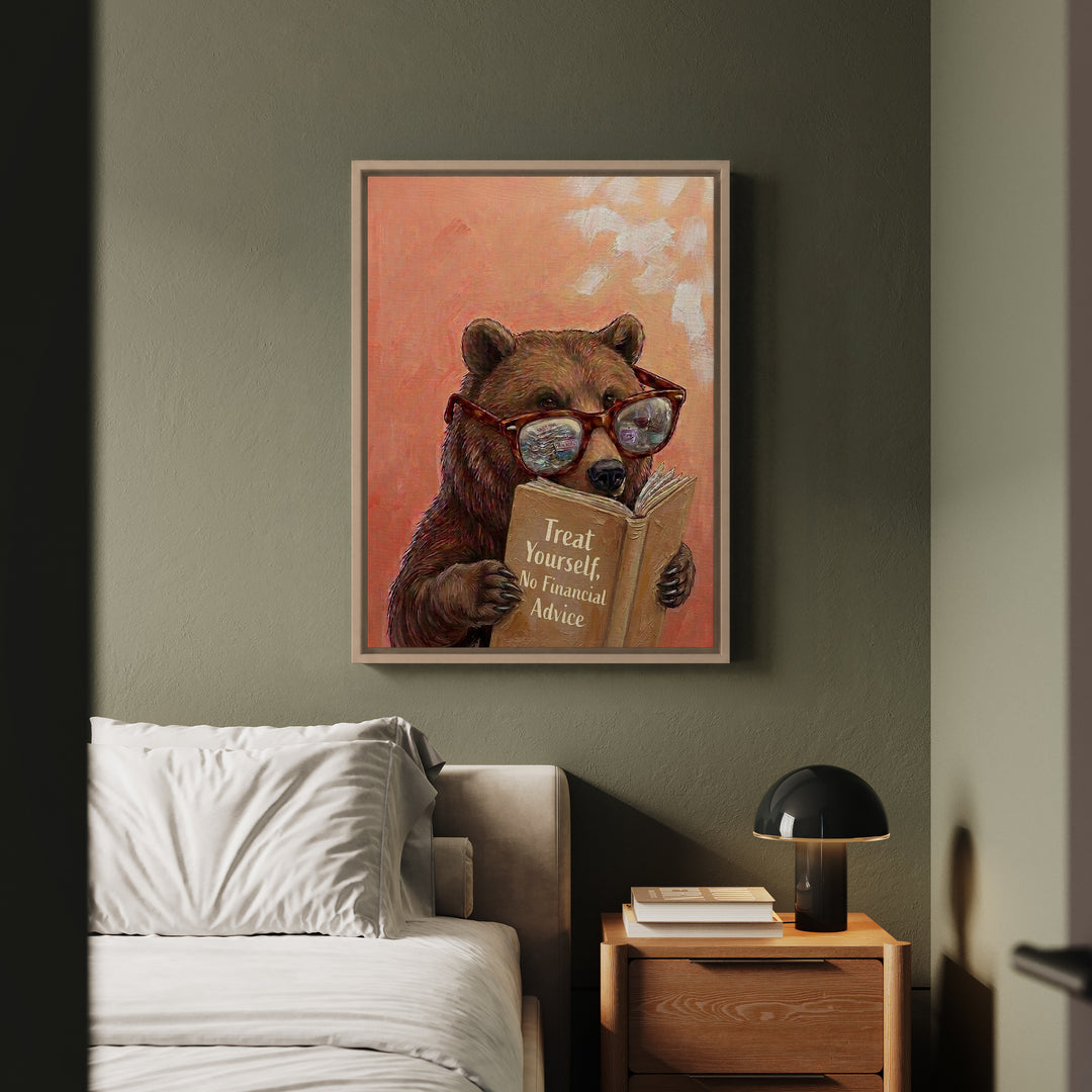 "Treat Yourself" - Bear Vertical Framed Canvas - Animal Book Humor Wall Art