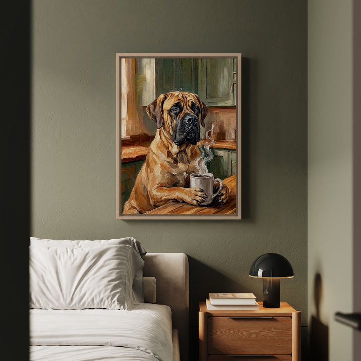 "Before Coffee" - Mastiff Vertical Framed Canvas - Dog Lover Wall Art