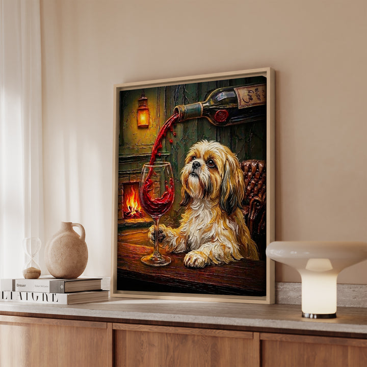 Shih Tzu Wine Wall Art, Funny Bar Cart Dog Print for Wine Lovers, Canvas or Framed
