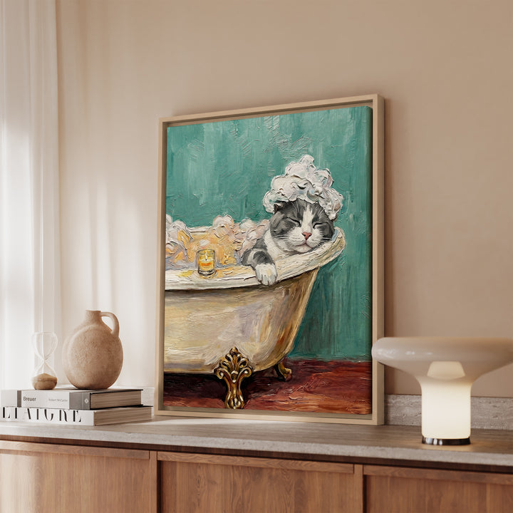 "Spa Day" - Grey & White Bicolor Vertical Framed Canvas - Cat Lover Wall Art