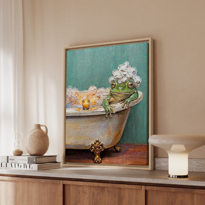 "Bubble Time" - Frog Vertical Framed Canvas - Spirit Animal Wall Art