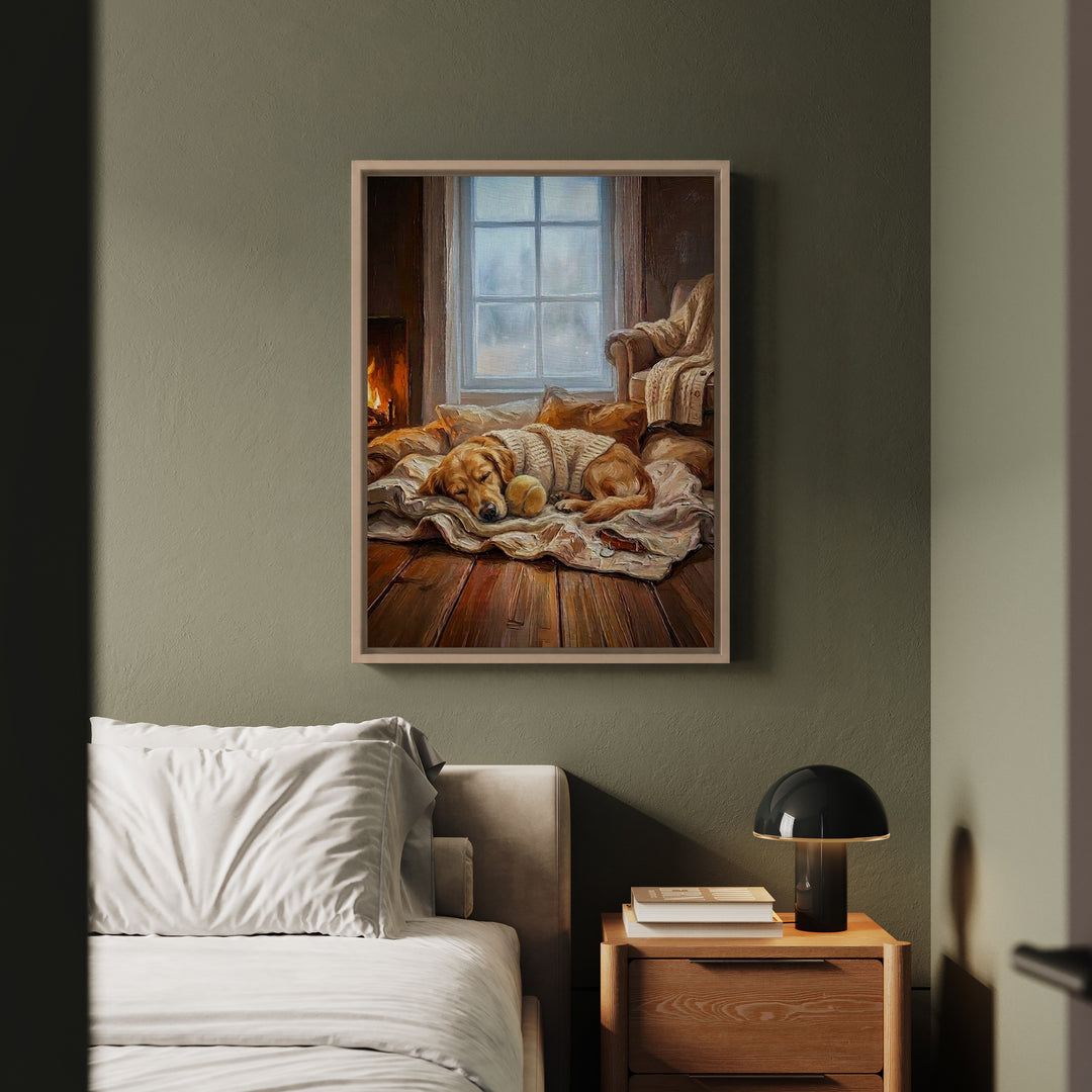 "Calm Memories" - Golden Retriever Vertical Framed Canvas - Dog Lover Wall Art