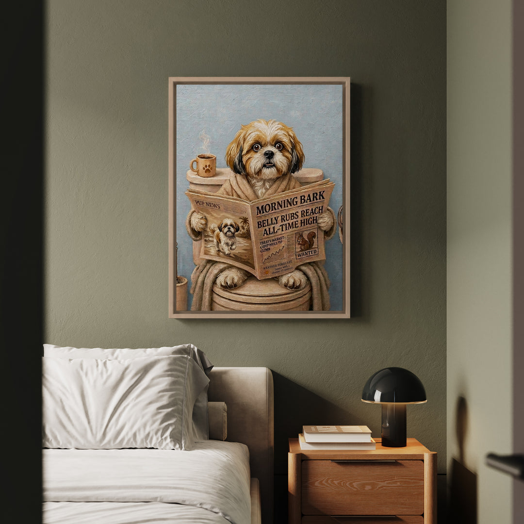 "Morning Business" - Shih Tzu Vertical Framed Canvas - Dog Lover Wall Art