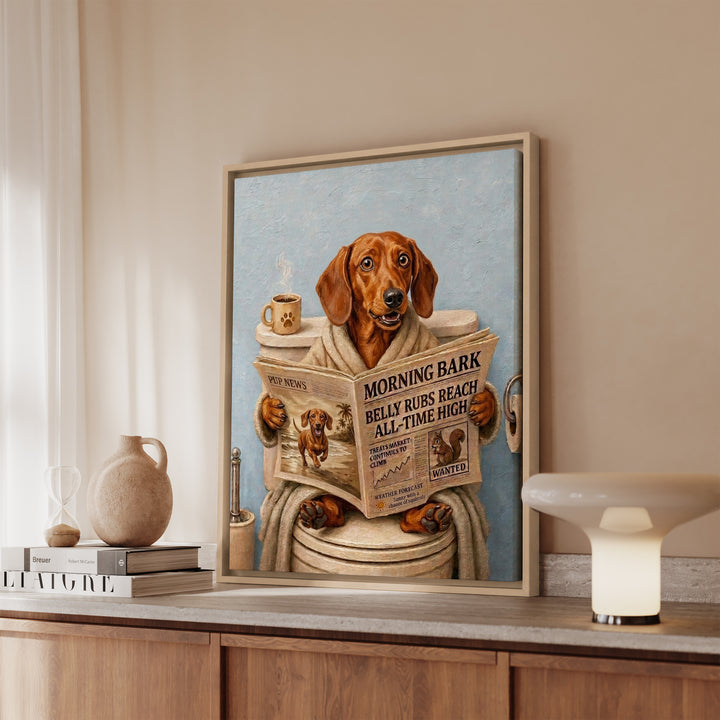 Dachshund on the Toilet Funny Bathroom Art, Newspaper Reading Dog Print, Canvas or Framed Wall Art