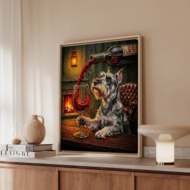 Schnauzer Wine Wall Art, Funny Bar Cart Dog Print for Wine Lovers, Canvas or Framed