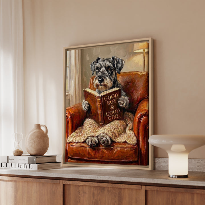 Schnauzer Evening Read Framed Canvas