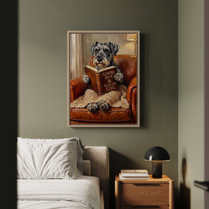 "Evening Read" - Schnauzer Vertical Framed Canvas - Dog Lover Wall Art