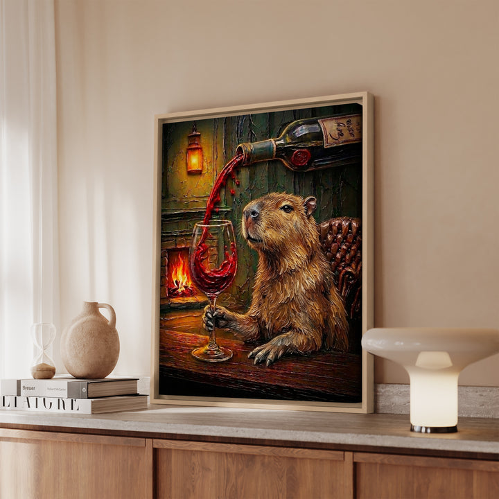 "Wine & Spirit" - Capybara Vertical Framed Canvas - Spirit Animal Wall Art