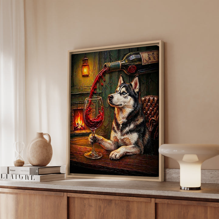Husky Wine Wall Art, Funny Bar Cart Dog Print for Wine Lovers, Canvas or Framed
