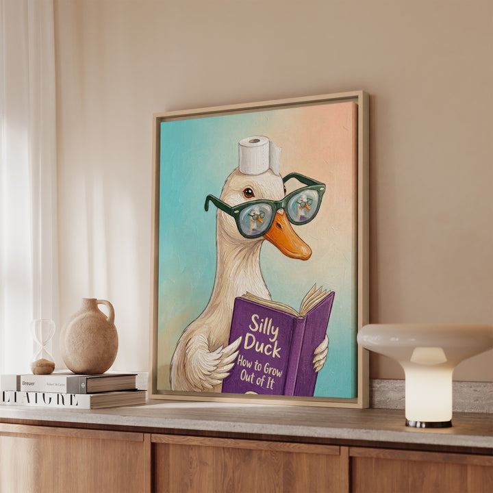 "Silly Duck" - Duck Vertical Framed Canvas - Animal Book Humor Wall Art
