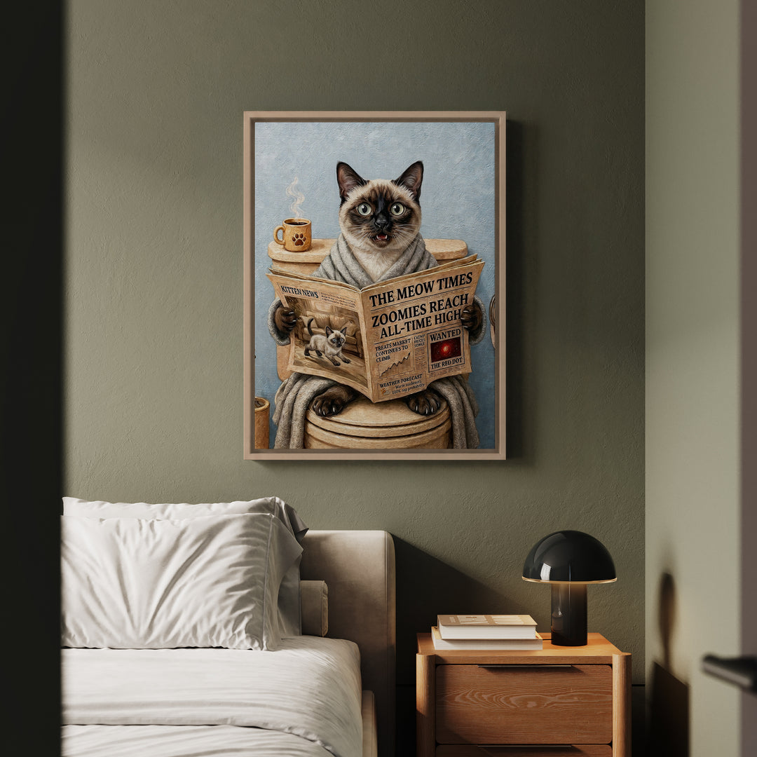 Siamese Colorpoint Cat on the Toilet Funny Bathroom Art, Newspaper Reading Cat Print, Canvas or Framed Wall Art