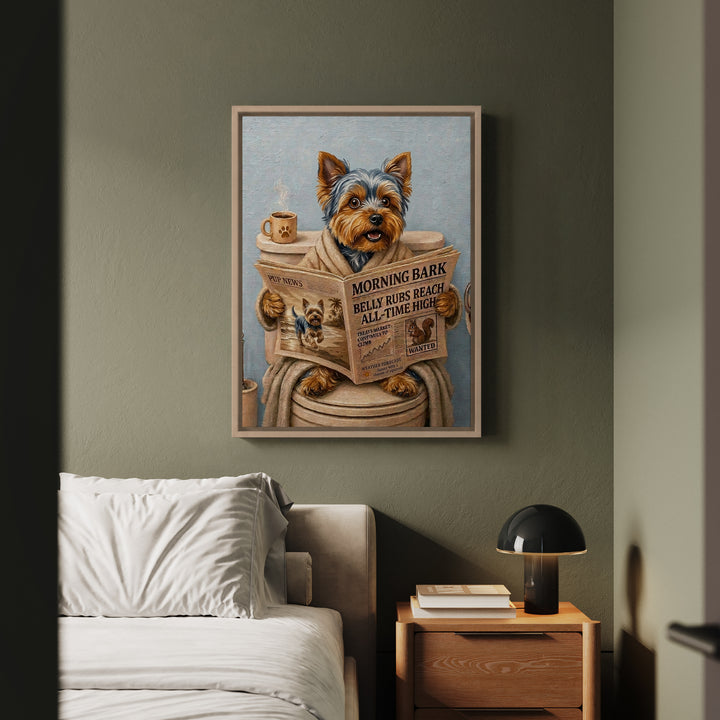 "Morning Business" - Yorkie Vertical Framed Canvas - Dog Lover Wall Art