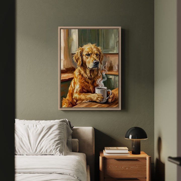 "Before Coffee" - Golden Retriever Vertical Framed Canvas - Dog Lover Wall Art