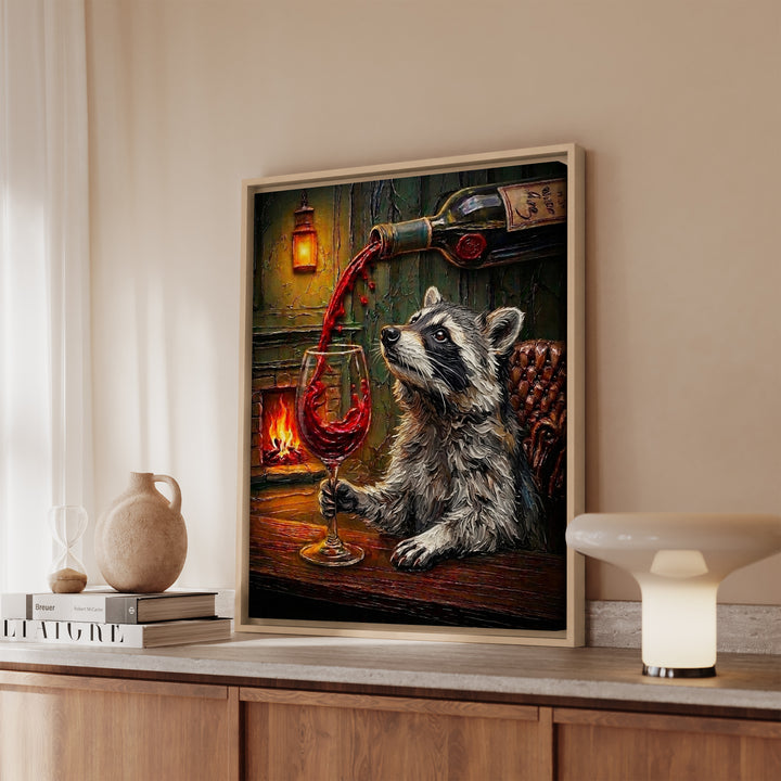 "Wine & Spirit" - Raccoon Vertical Framed Canvas - Spirit Animal Wall Art