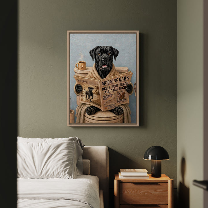 Cane Corso on the Toilet Funny Bathroom Art, Newspaper Reading Dog Print, Canvas or Framed Wall Art