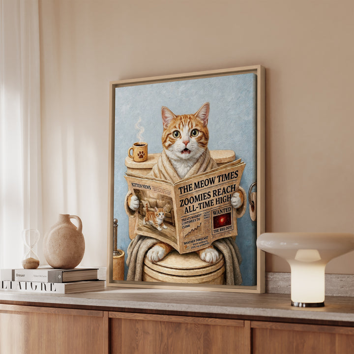 Orange and White Cat on the Toilet Funny Bathroom Art, Newspaper Reading Cat Print, Canvas or Framed Wall Art