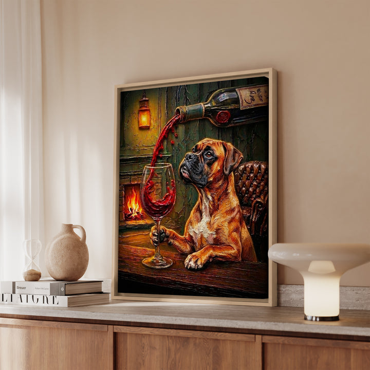 Boxer Wine Wall Art, Funny Bar Cart Dog Print for Wine Lovers, Canvas or Framed