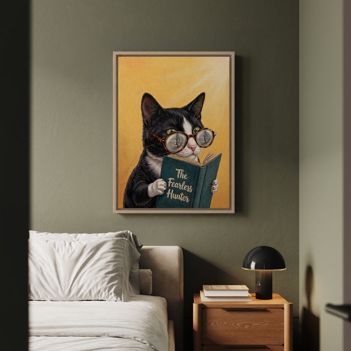 "The Fearless Hunter" - Cat Vertical Framed Canvas - Animal Book Humor Wall Art