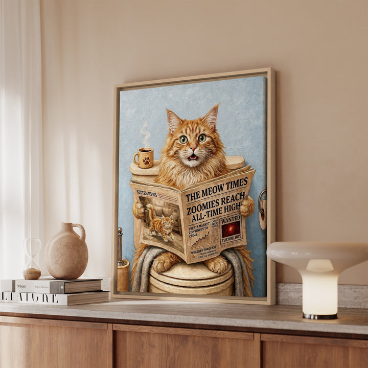 Fluffy Orange Longhair Cat on the Toilet Funny Bathroom Art, Newspaper Reading Cat Print, Canvas or Framed Wall Art