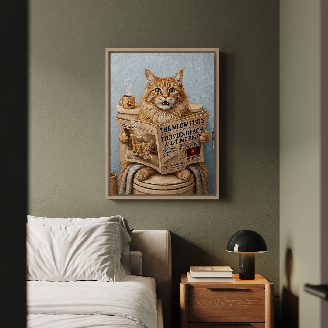 Fluffy Orange Longhair Cat on the Toilet Funny Bathroom Art, Newspaper Reading Cat Print, Canvas or Framed Wall Art