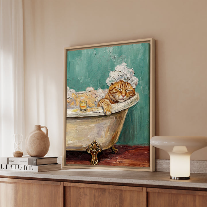 "Spa Day" - Orange Ginger Tabby Vertical Framed Canvas - Cat Lover Wall Art