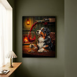 "Wine & Woof" - Australian Shepherd Vertical Canvas - Dog Lover Wall Art