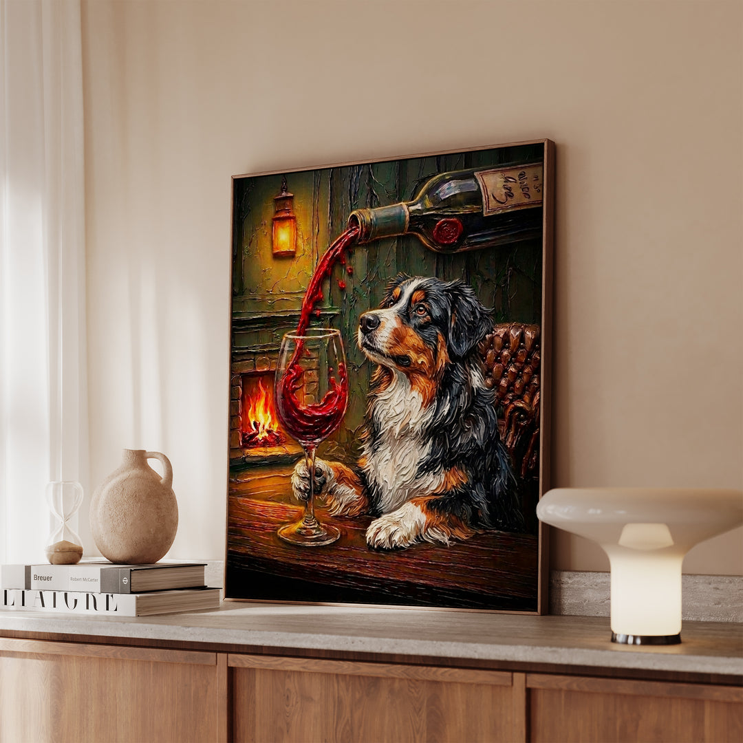 Australian Shepherd Wine & Woof Framed Canvas