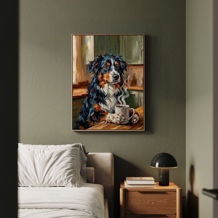 "Before Coffee" - Australian Shepherd Vertical Framed Canvas - Dog Lover Wall Art