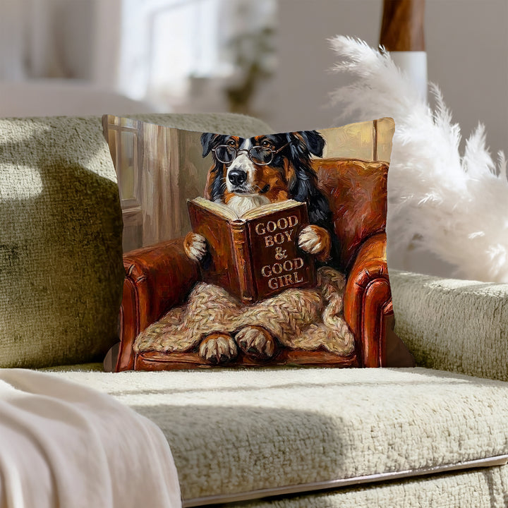"Evening Read" - Australian Shepherd Throw Pillow - Dog Lover Home Decor