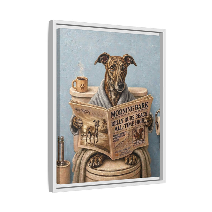 "Morning Business" - Greyhound Vertical Framed Canvas - Dog Lover Wall Art