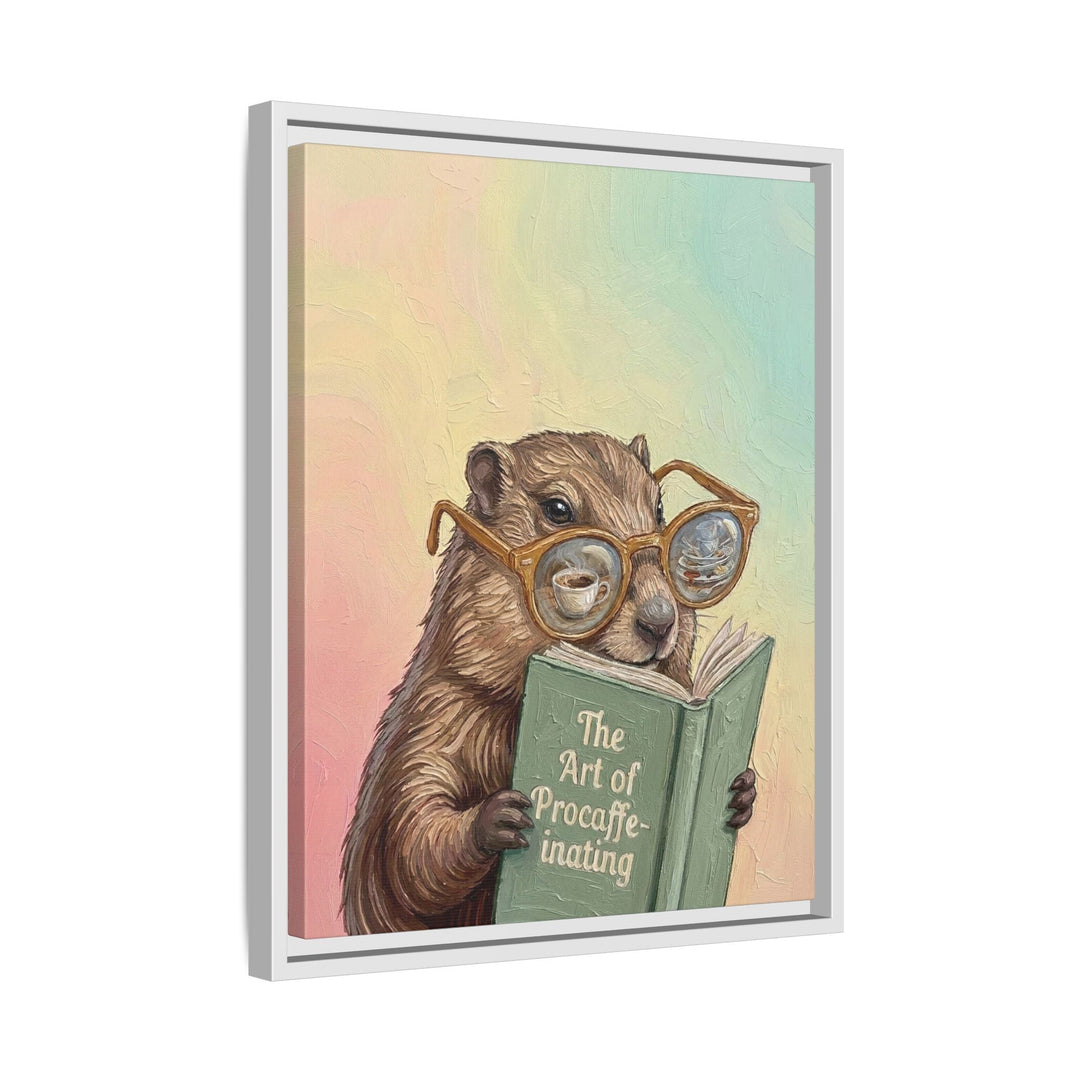 "The Art of Procaffeinating" - Marmot Vertical Framed Canvas - Animal Book Humor Wall Art