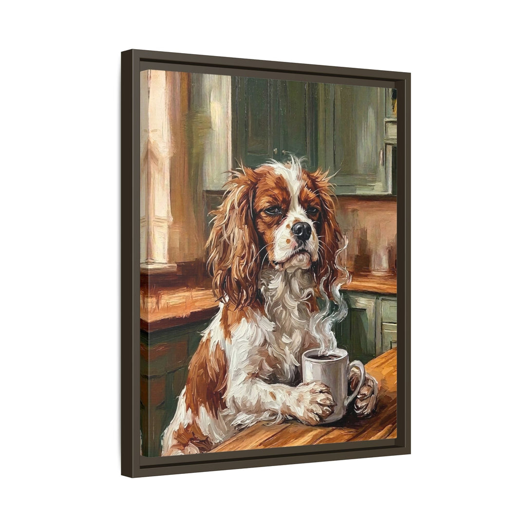 "Before Coffee" - Cavalier King Charles Vertical Framed Canvas - Dog Lover Wall Art