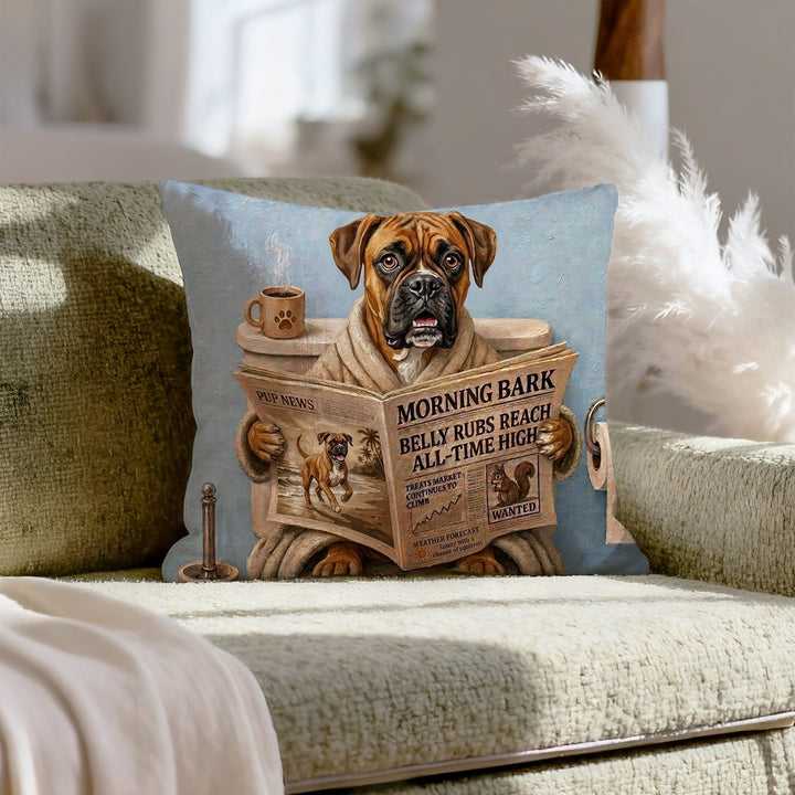 Boxer on the Toilet Funny Throw Pillow, Newspaper Reading Dog Pillow Cover, Gag Gift
