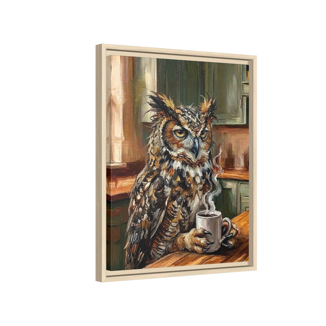 "Coffee & Silence" - Owl Vertical Framed Canvas - Spirit Animal Wall Art