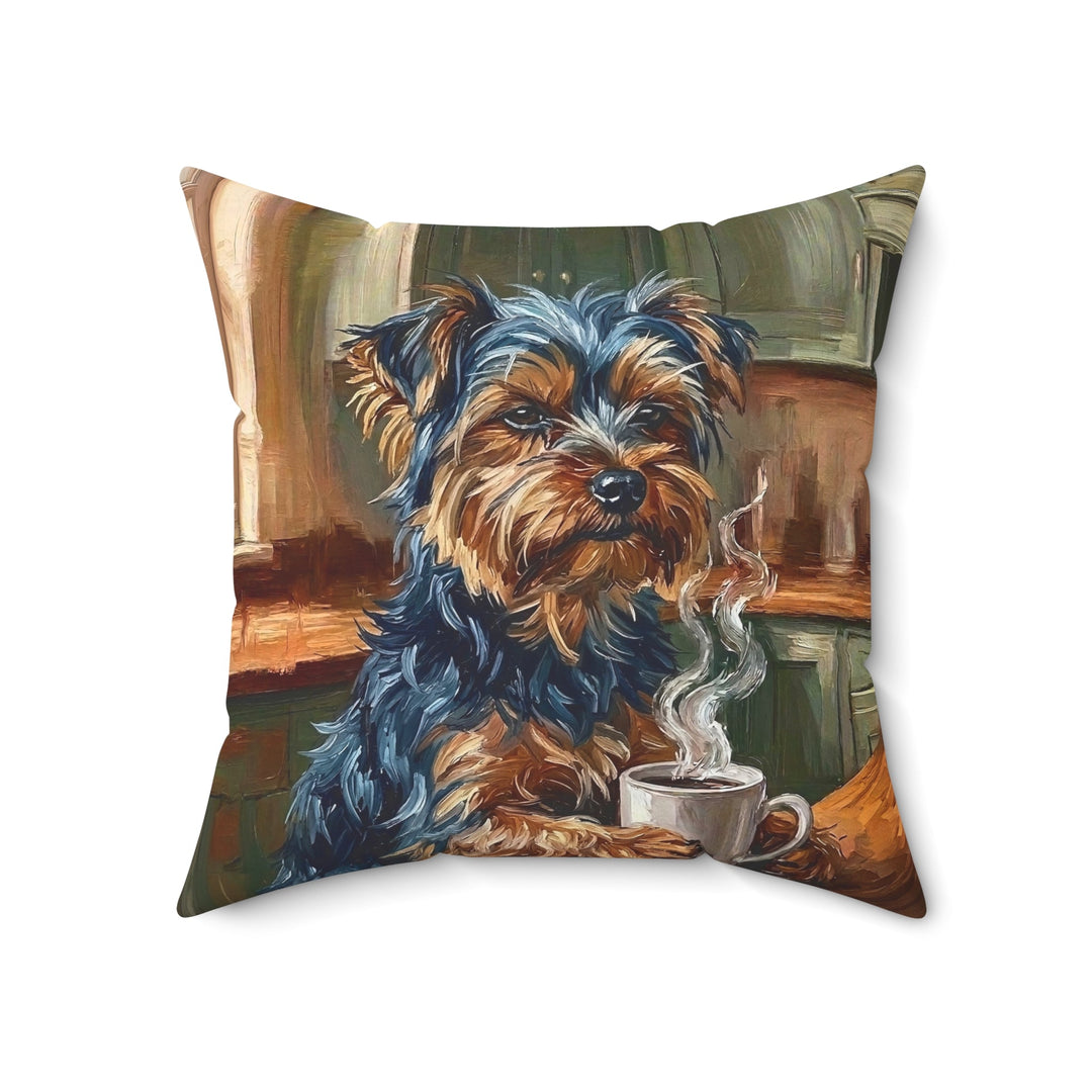 "Before Coffee" - Yorkie Throw Pillow - Dog Lover Home Decor