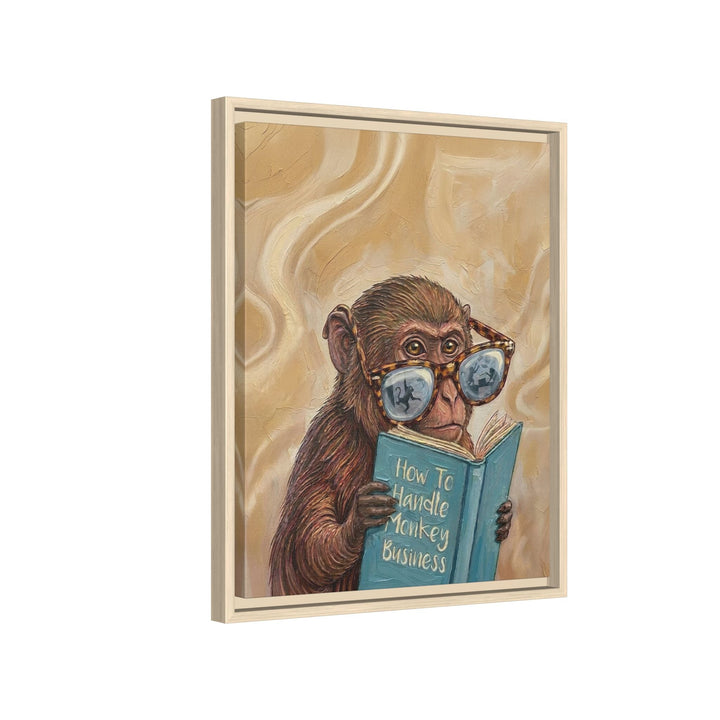 "Monkey Business" - Monkey Vertical Framed Canvas - Animal Book Humor Wall Art