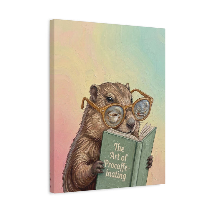 "The Art of Procaffeinating" - Marmot Vertical Canvas - Animal Book Humor Wall Art