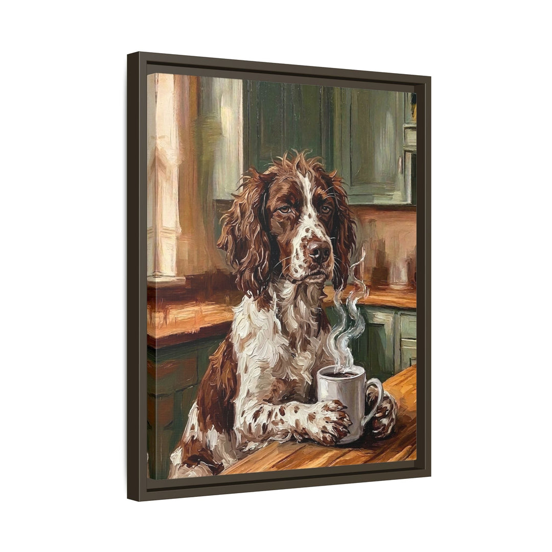 "Before Coffee" - English Springer Spaniel Vertical Framed Canvas - Dog Lover Wall Art